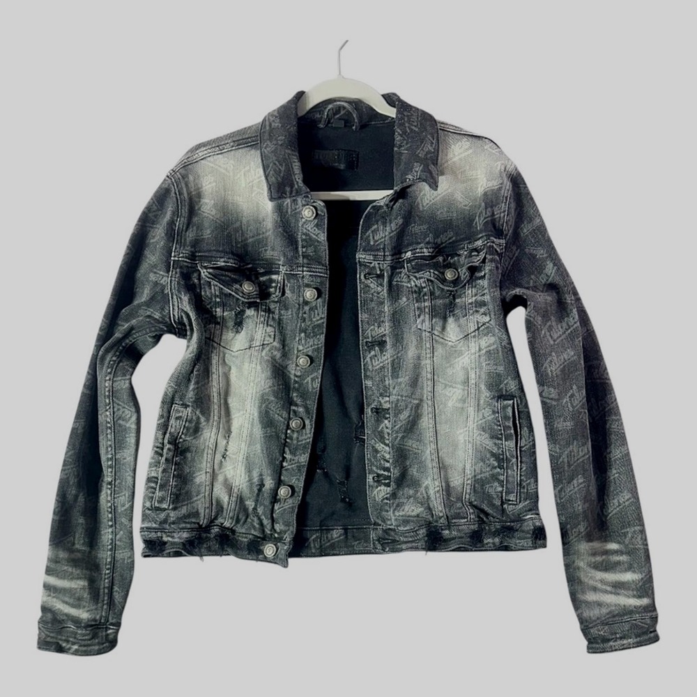 Tulones Currency Collectors Black Distressed Denim Jacket Y2K Streetwear M